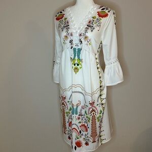 SHEIN White Midi Dress with Pink, Green and Blue Floral Embroidery